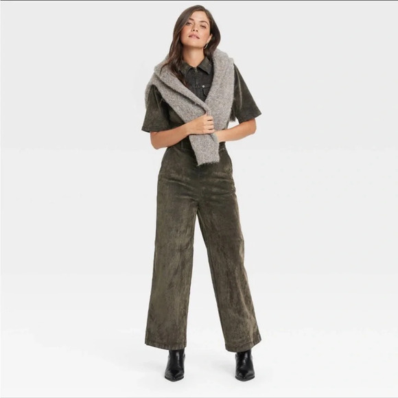 NWT Women's Holiday Short Sleeve Flocked
Denim Jumpsuit - Universal Thread Olive - Picture 3 of 4